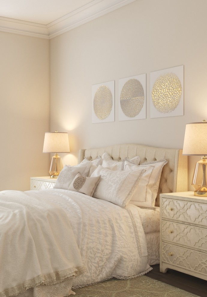 Transitional style beige bedroom with elegant style details