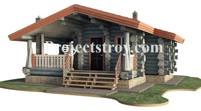 Log cabin of large diameter logs.