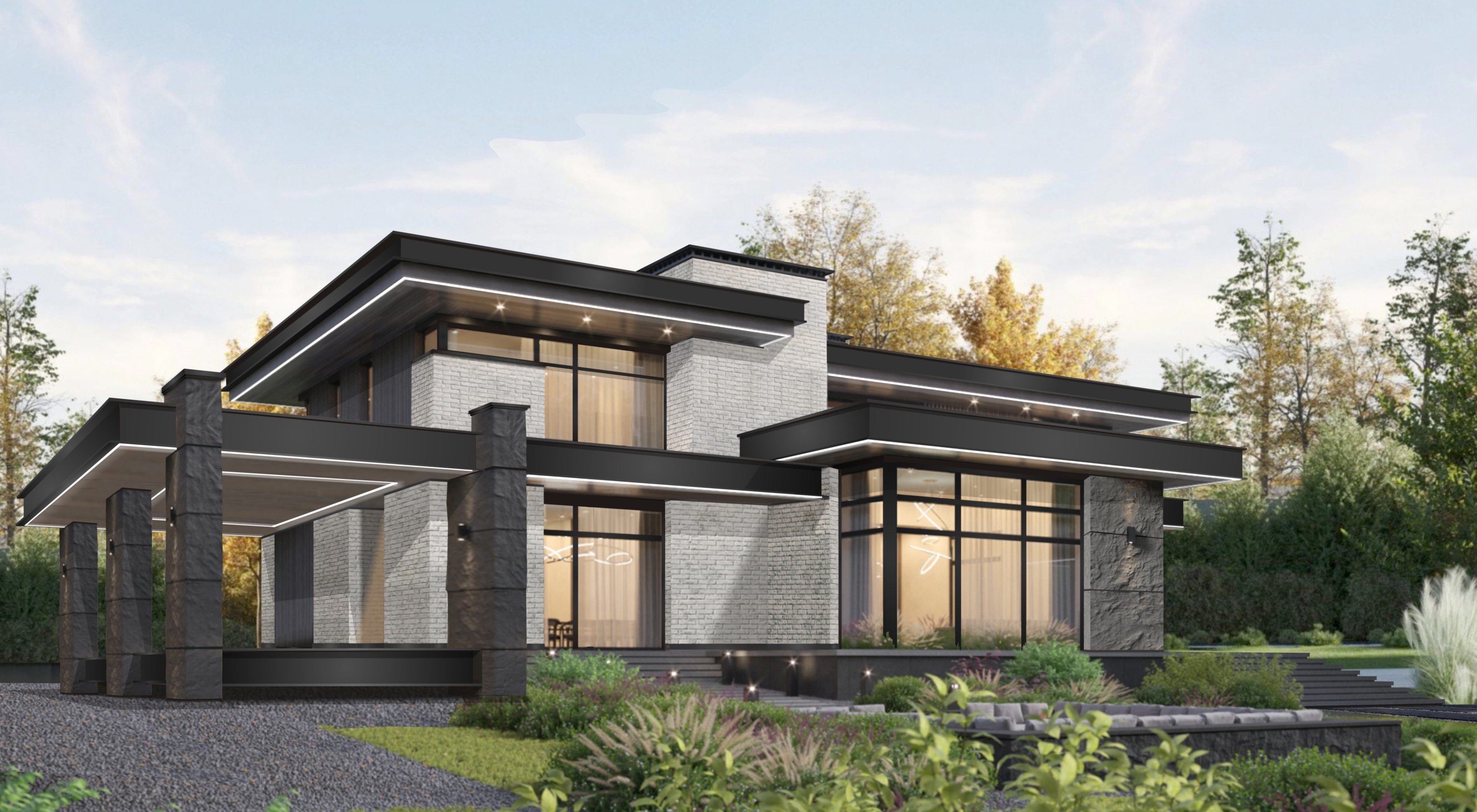 Современный загородный двухэтажный КОТТЕДЖ с плоской крышей. Общая площадь - 424м2Проект - ЮСОВО,