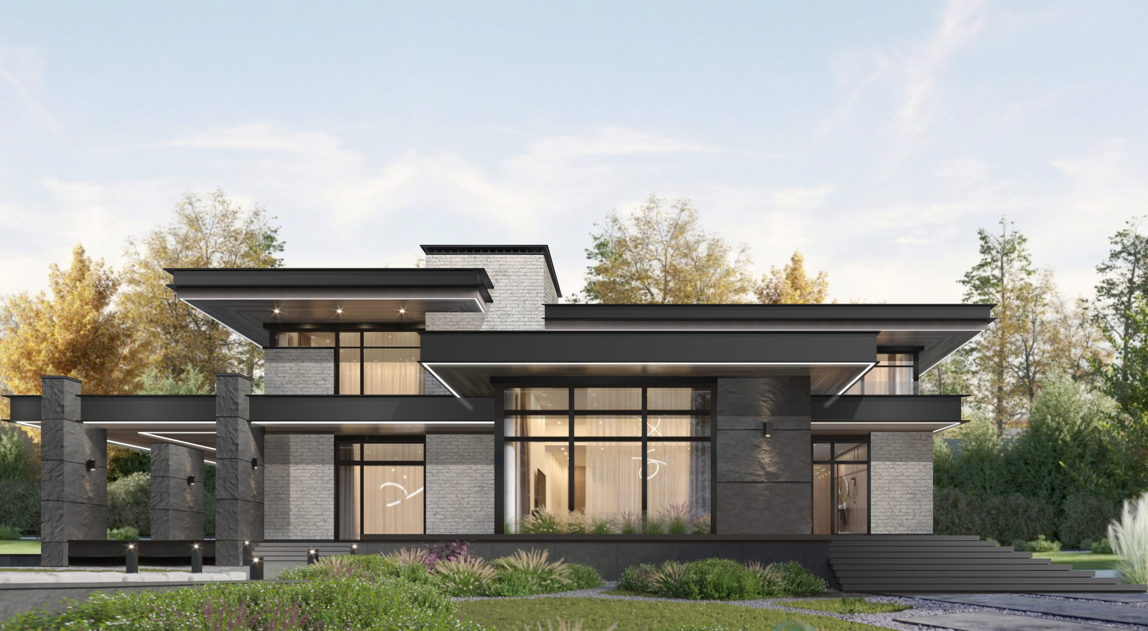 Современный загородный двухэтажный КОТТЕДЖ с плоской крышей. Общая площадь - 424м2Проект - ЮСОВО,