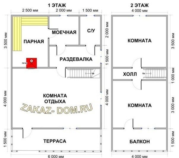 Баня из бруса с мансардой (6х9 м) - Проект № 2Б-20