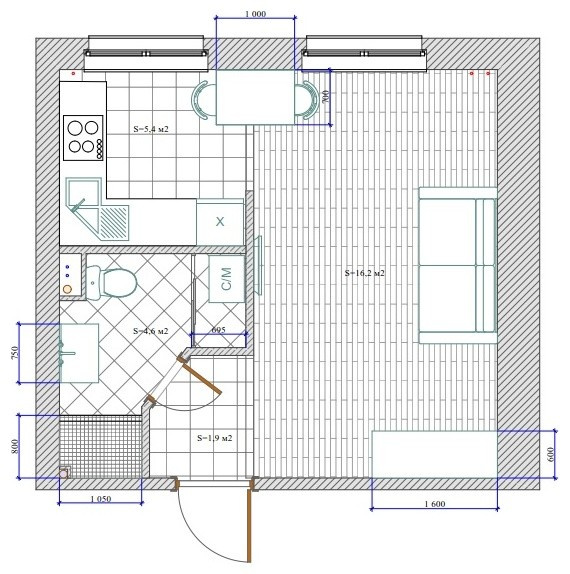 Квартира 28 м2, ул. Космонавтов, д. 10