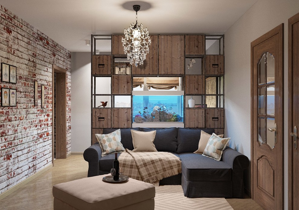 Loft в гостиной с аквариумом и кабинетом