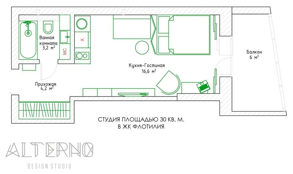 Студия 30 кв. м. в средиземноморском стиле в ЖК Флотилия