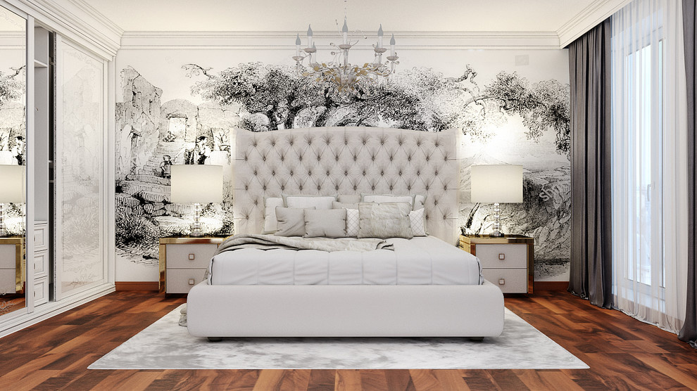 Спальня с черно белой фреской