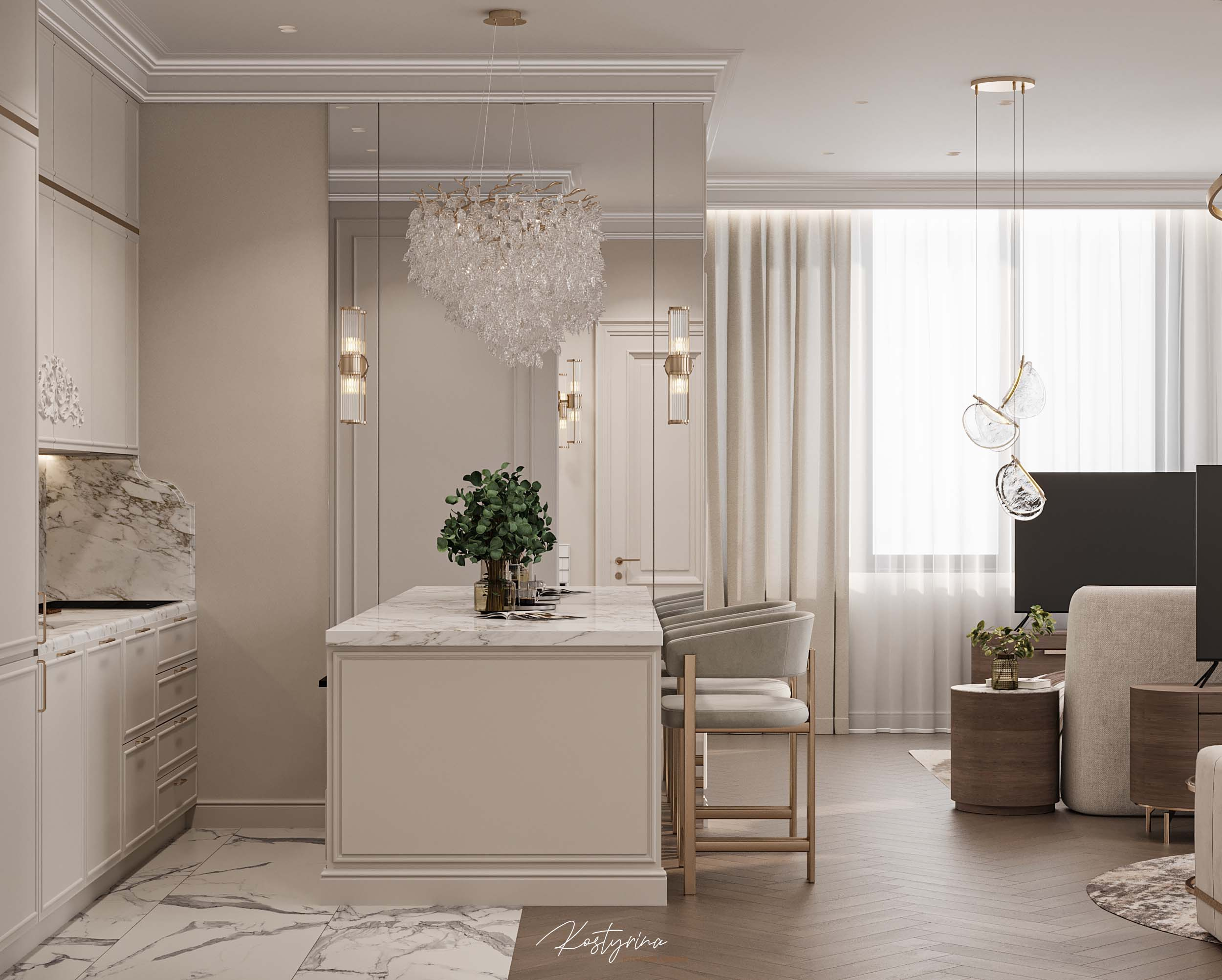 Интерьер для молодой пары в стиле неоклассика - 70 м²