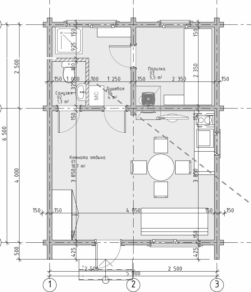 Проект 1-го дома с гаражом и бани в Пермском крае, S=167 кв.м, S=41,3 кв.м