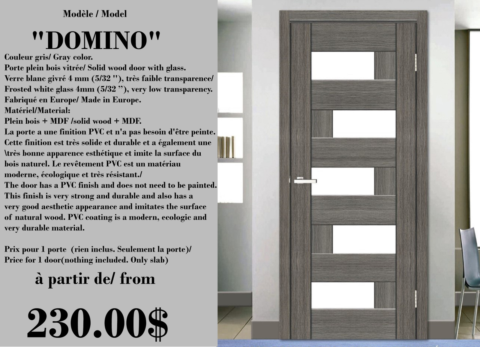 Обложка проекта: Interior door "DOMINO'', gray, 5 glasses, from 28" to 36"x 80"