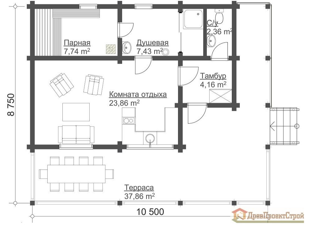 Проект бани из бруса массива естественной влажности № 158