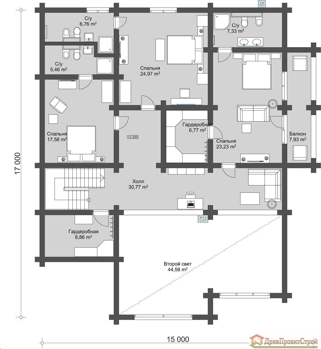 Дом из оцилиндрованных бревен 480,69м². Размеры 17400 х 22900. Проект № 308