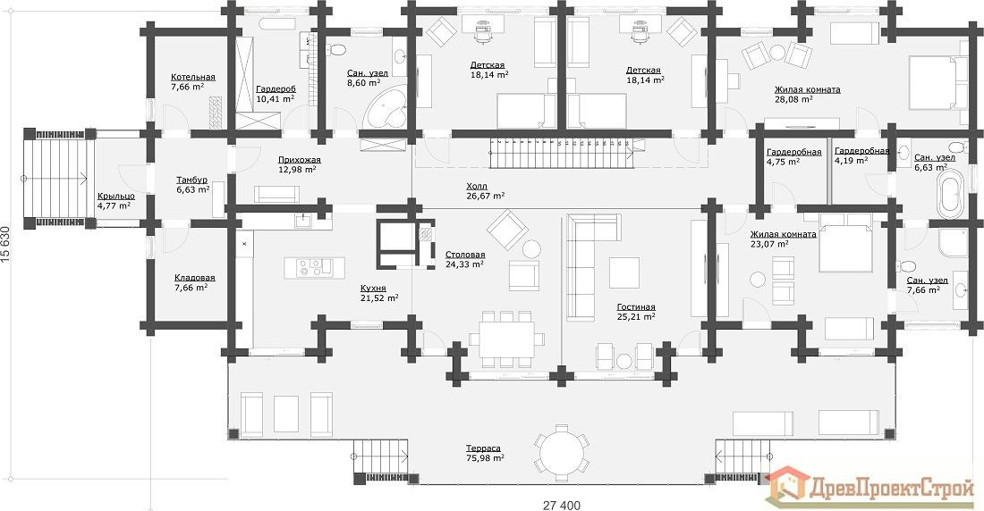 Дом из оцилиндрованных бревен 443,92м². Размеры 27400 х 15630.Проект № 307