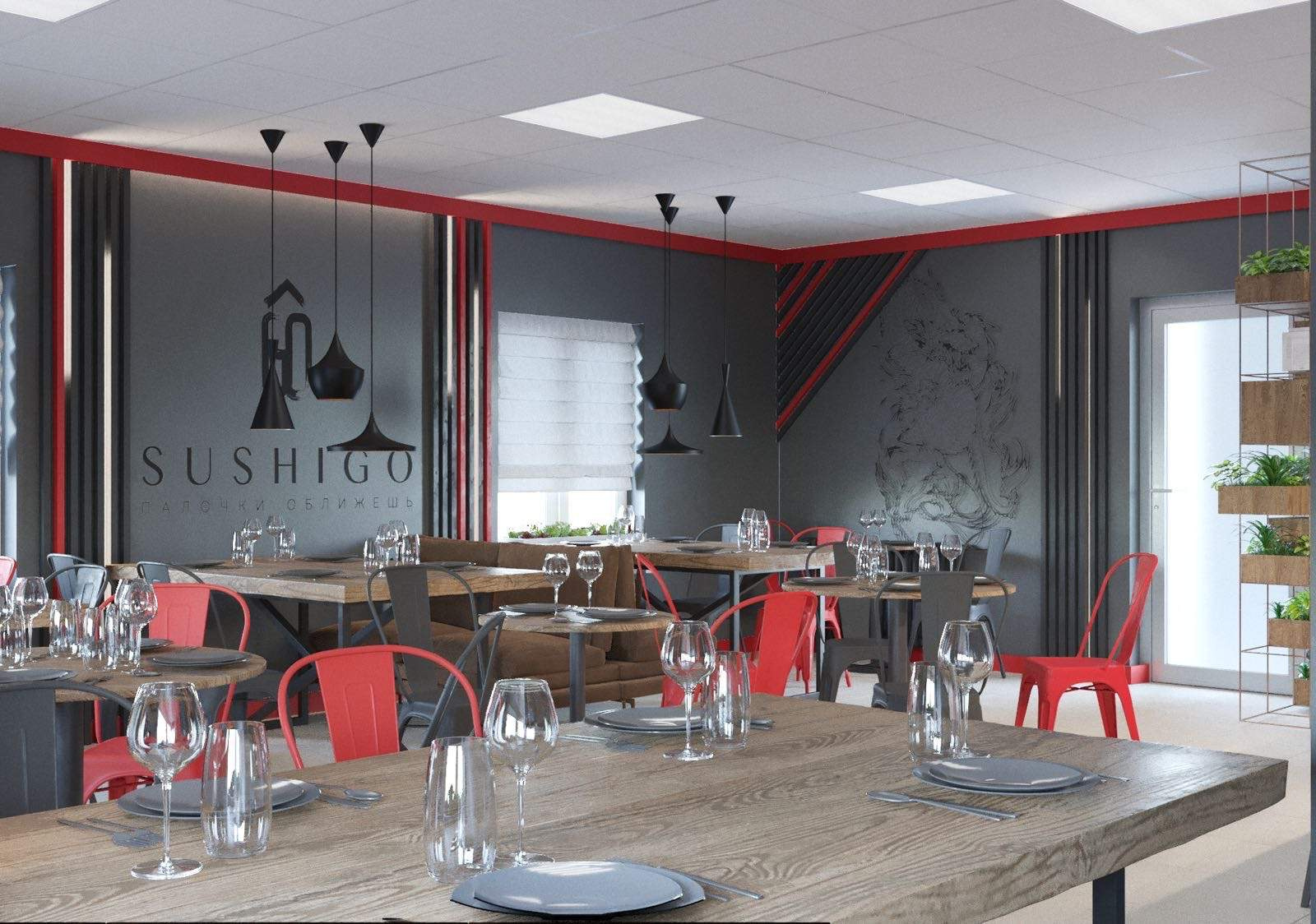 Дизайн интерьера cafe "SushiGo" 50м2., проект 2020г.