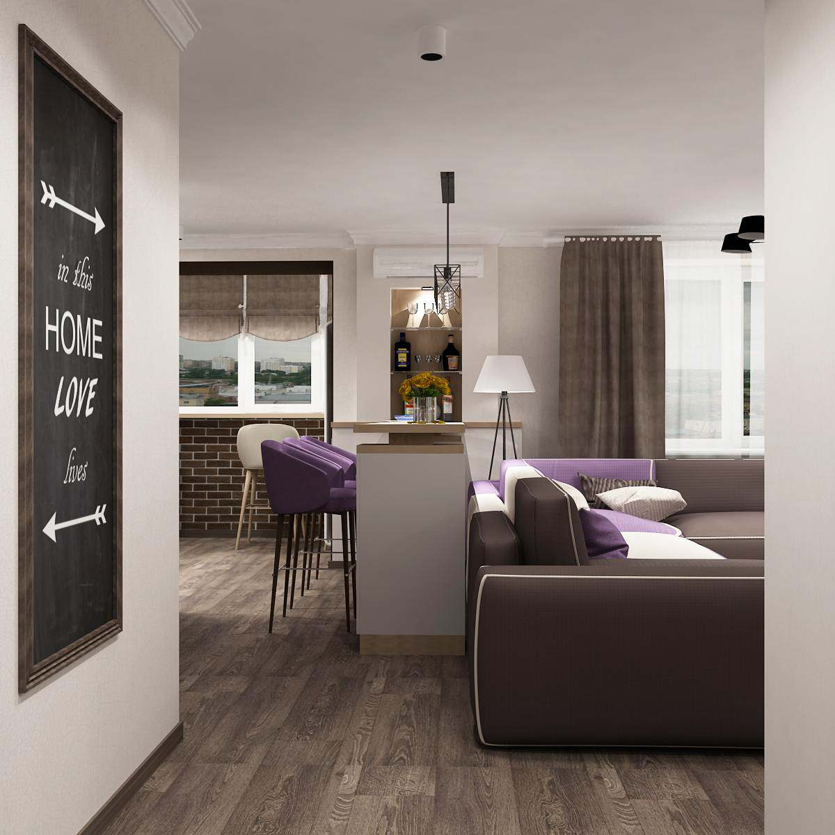 Гостиная, кухня, столовая с элементами LOFT