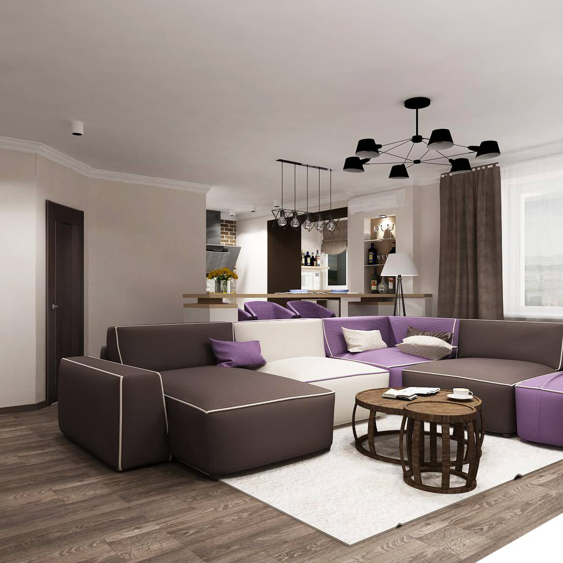 Гостиная, кухня, столовая с элементами LOFT
