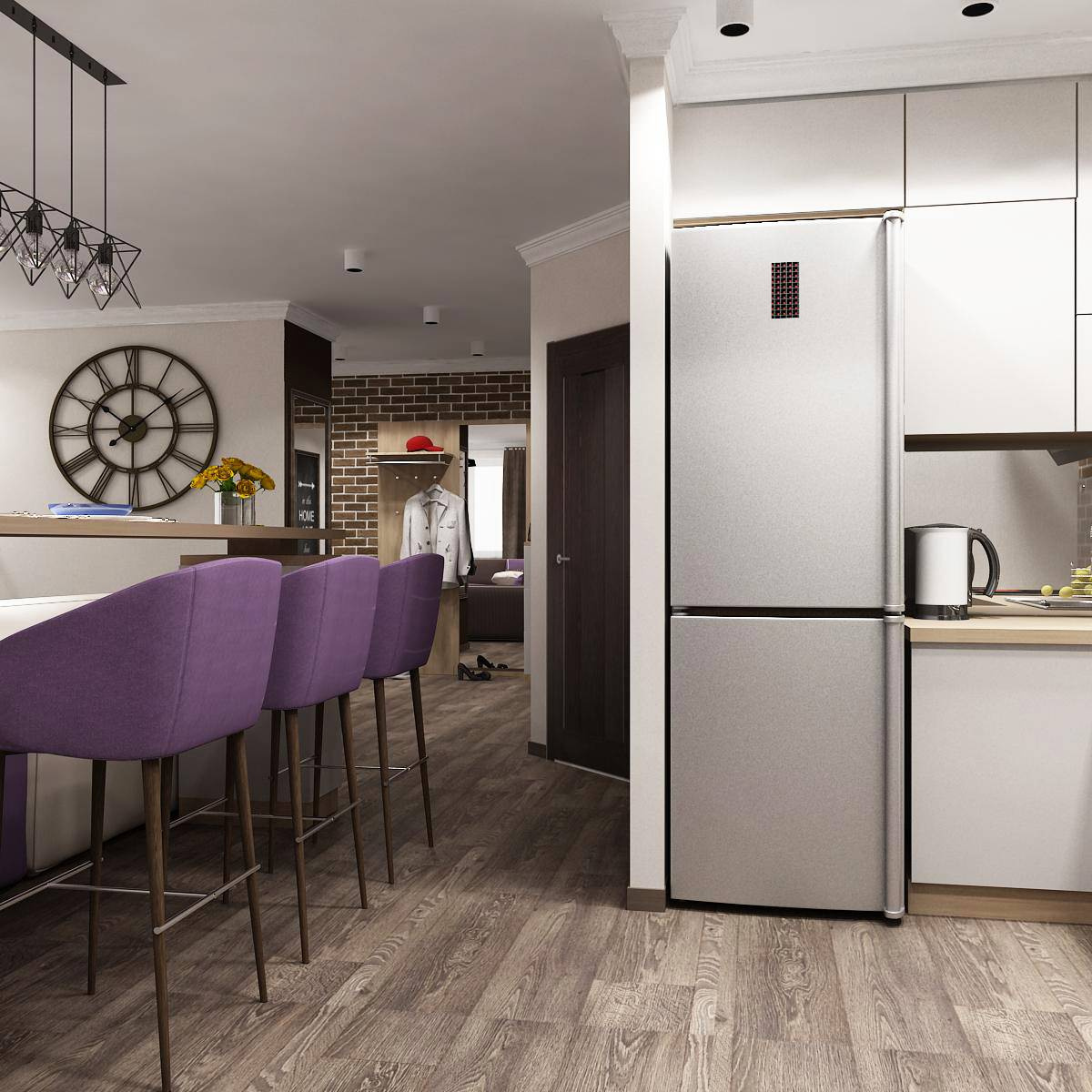 Гостиная, кухня, столовая с элементами LOFT