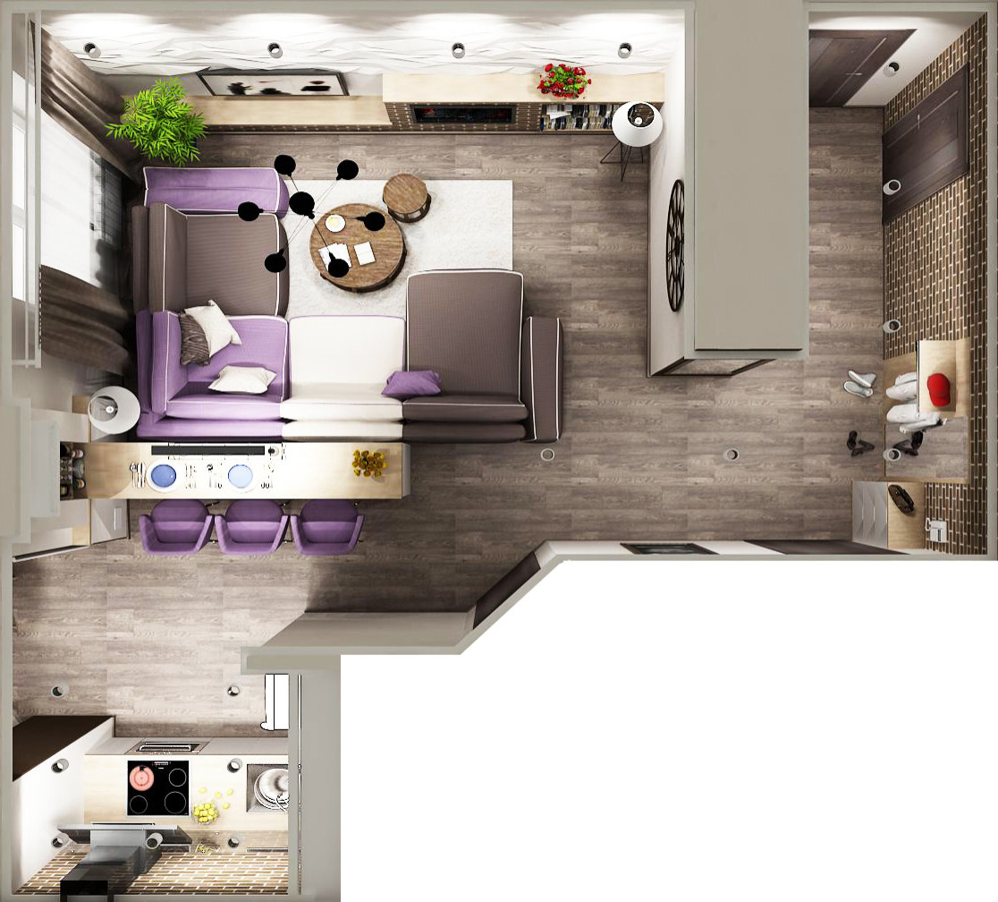 Гостиная, кухня, столовая с элементами LOFT