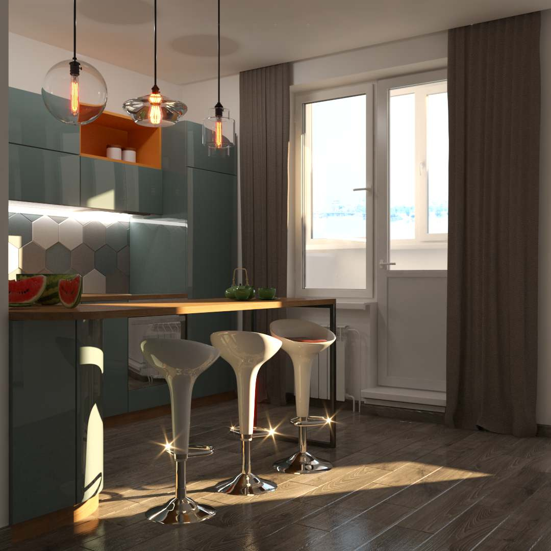 Современная кухня с оранжевыми акцентами