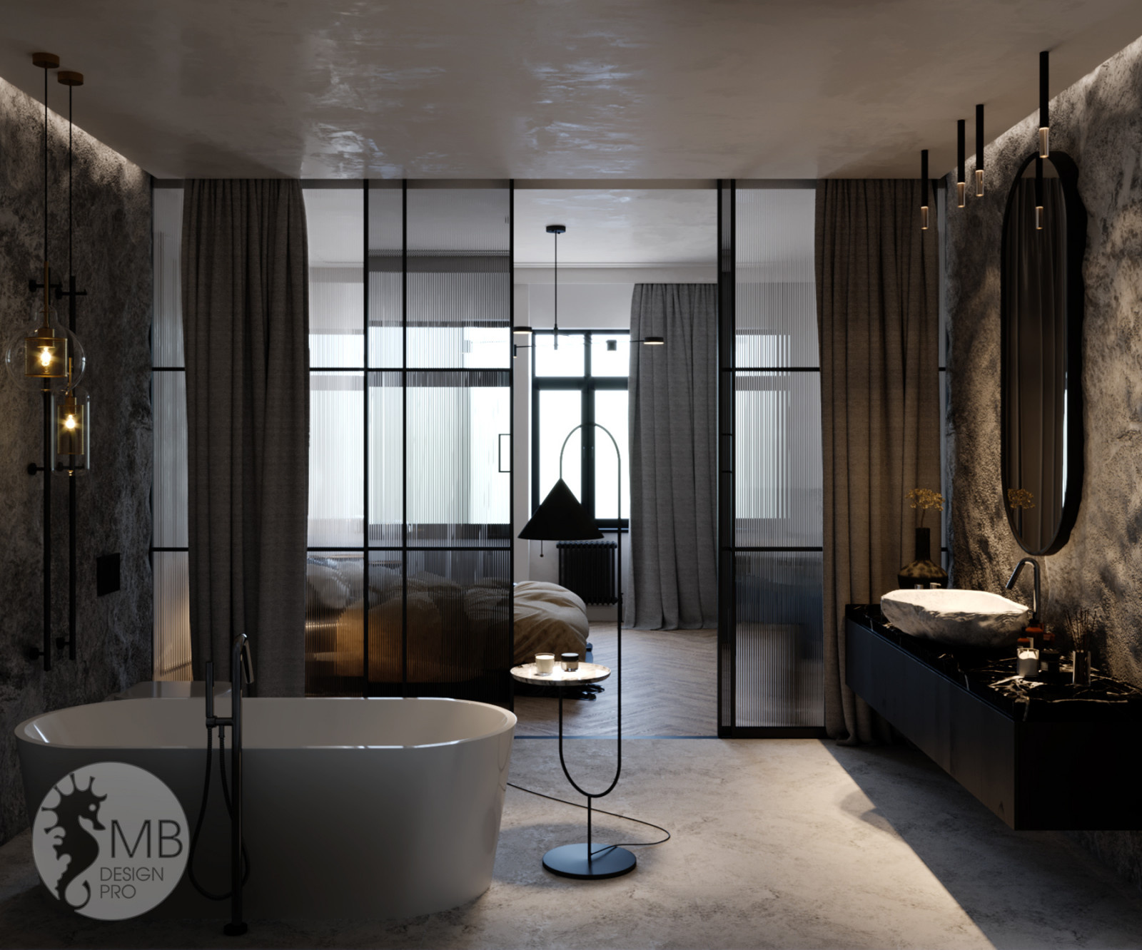 Gray stone. Спальня, совмещенная с ванной комнатой
