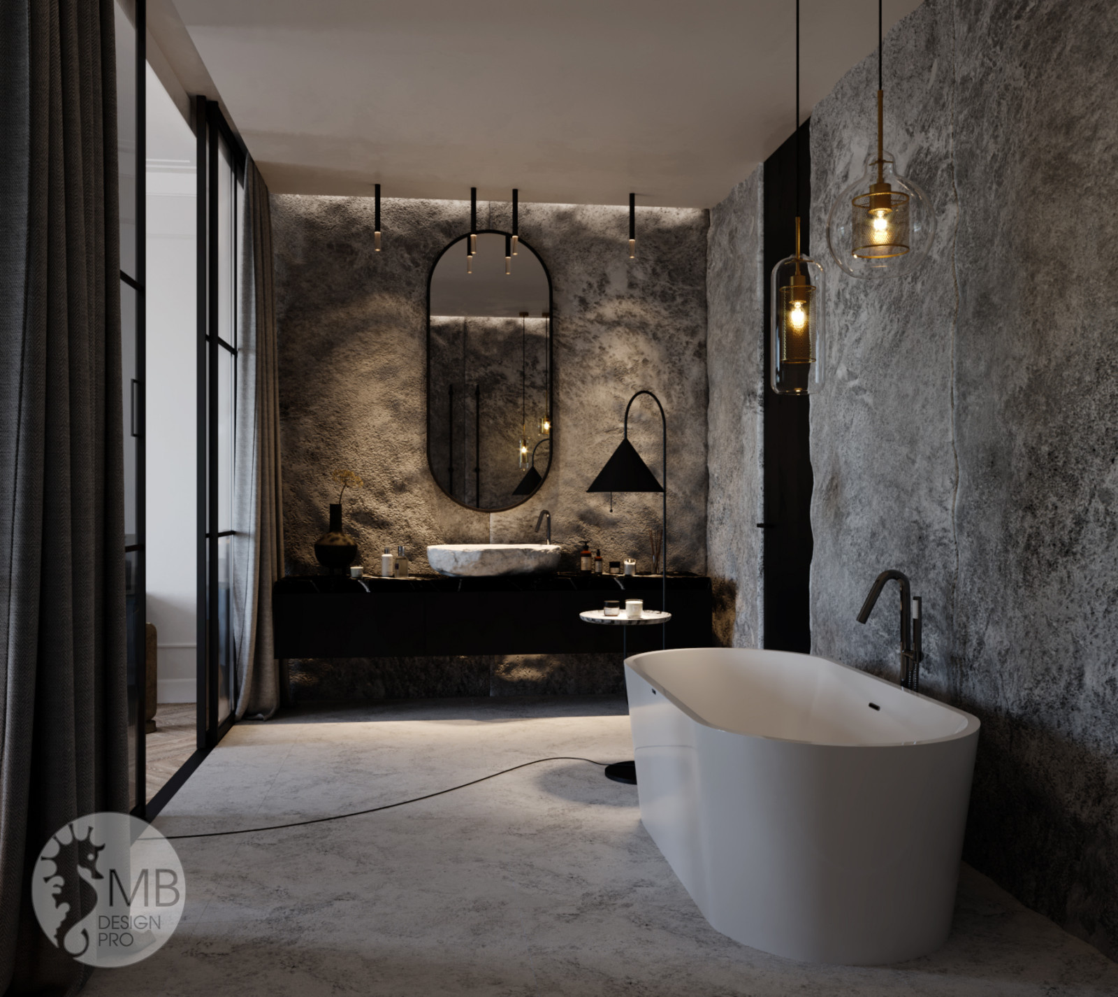 Gray stone. Спальня, совмещенная с ванной комнатой