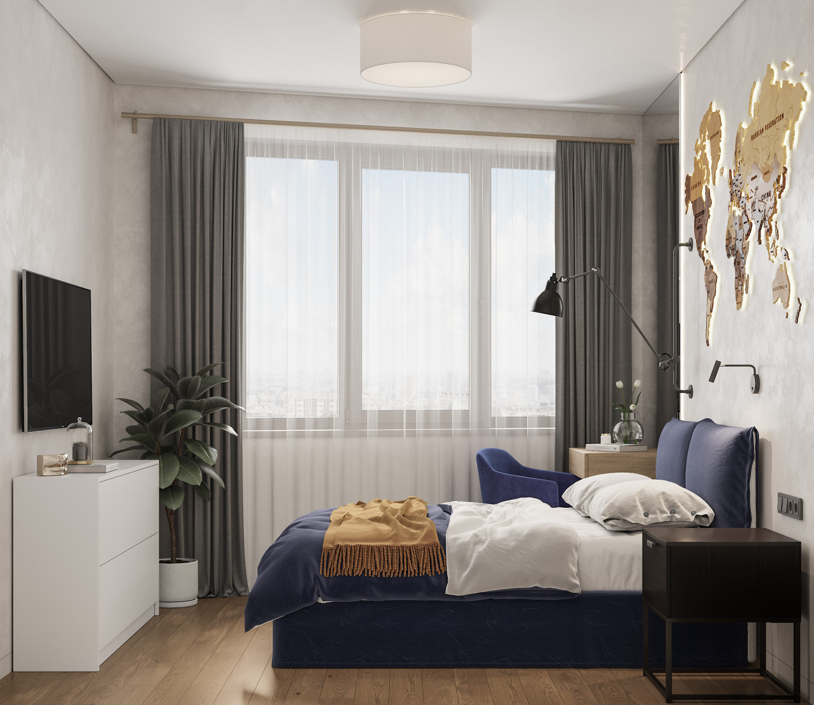 Светлая семейная квартира с синими акцентами 80 м²