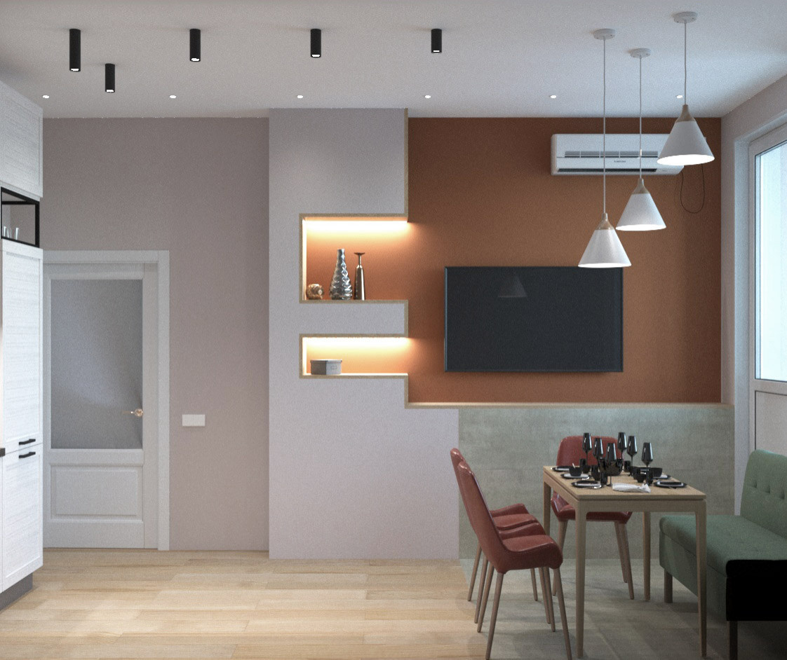 3D визуализация кухни с обеденным столом и телевизором