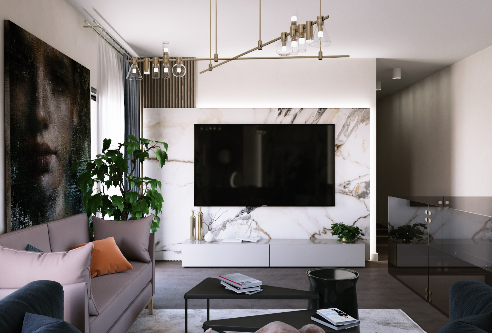 Living room, floor 2, house in Miami, Гостиная, этаж 2, дом в Майами