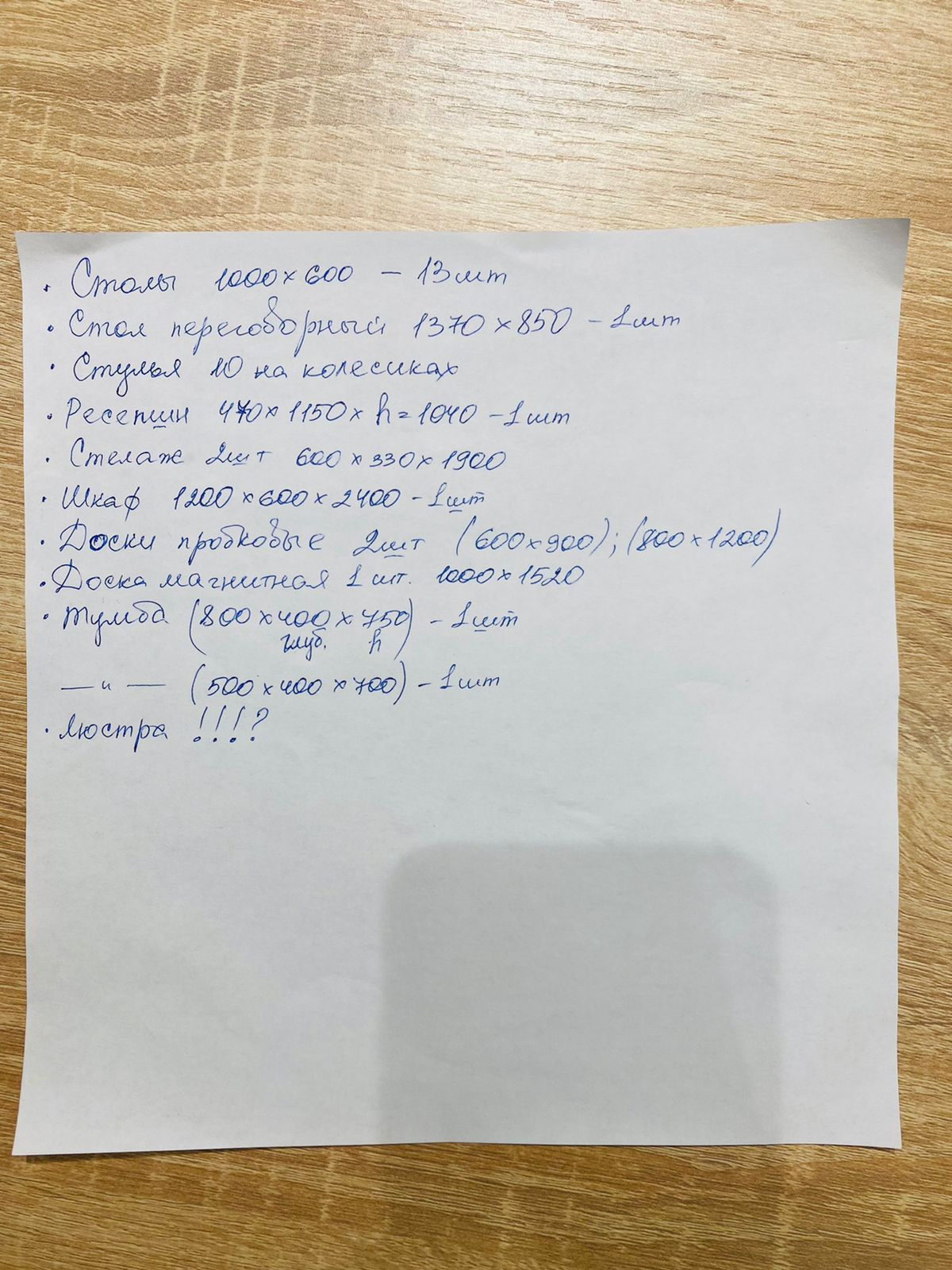 Список мебели, которую нужно разместить