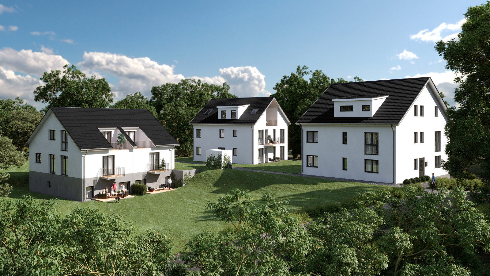 Terrassenblick auf ein Doppelhaus