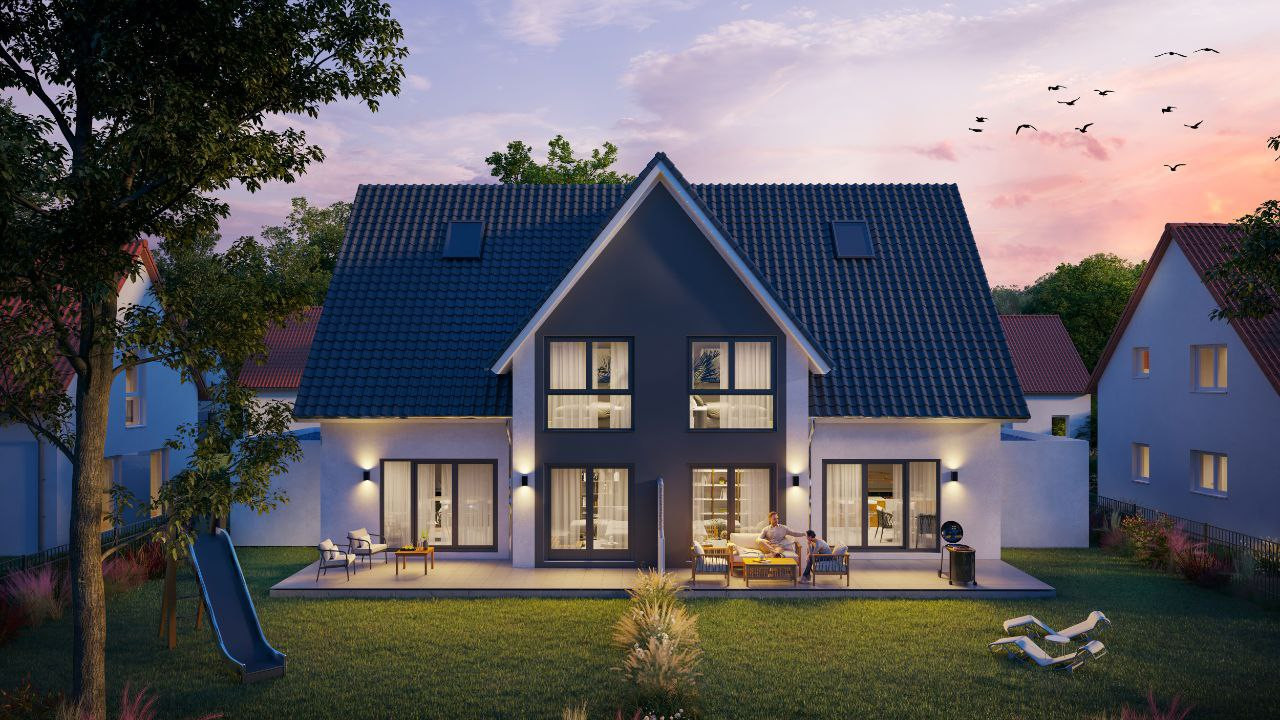Hausansicht mit Beleuchtung