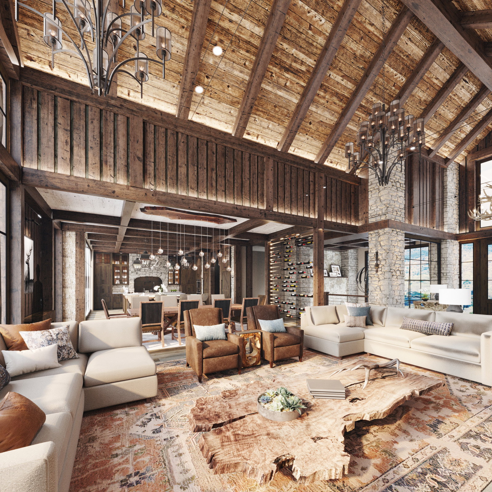 Living entry rustic project with heigh ceiling