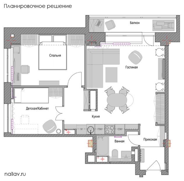 Перепланировка двухкомнатной квартиры в евротрешку. Дом Серии КМС101.  55 кв.м