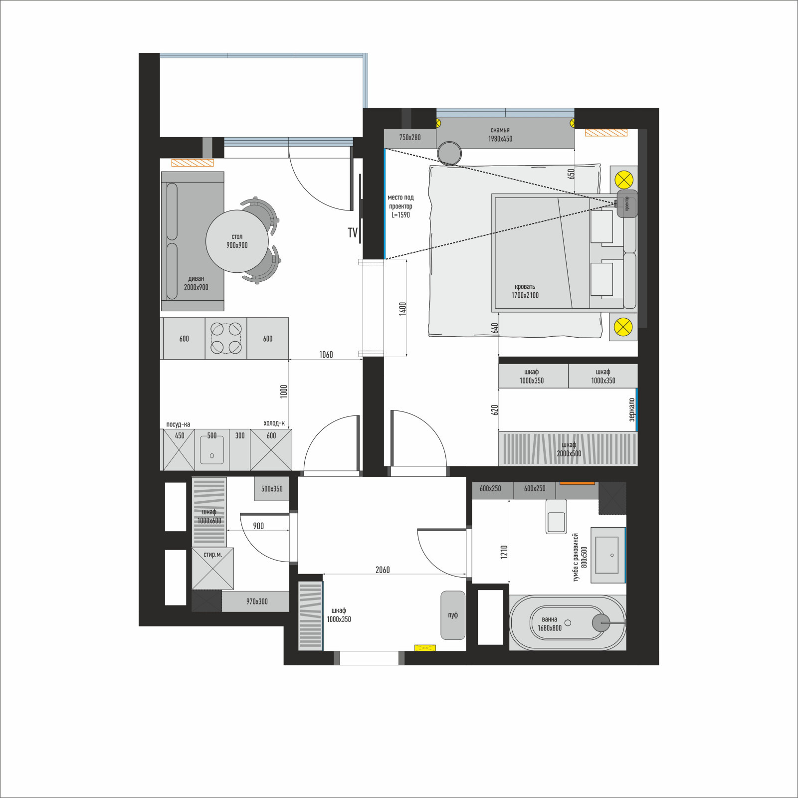 Поиск планировки: 46 кв.м с кухонным островом [6 вариантов]