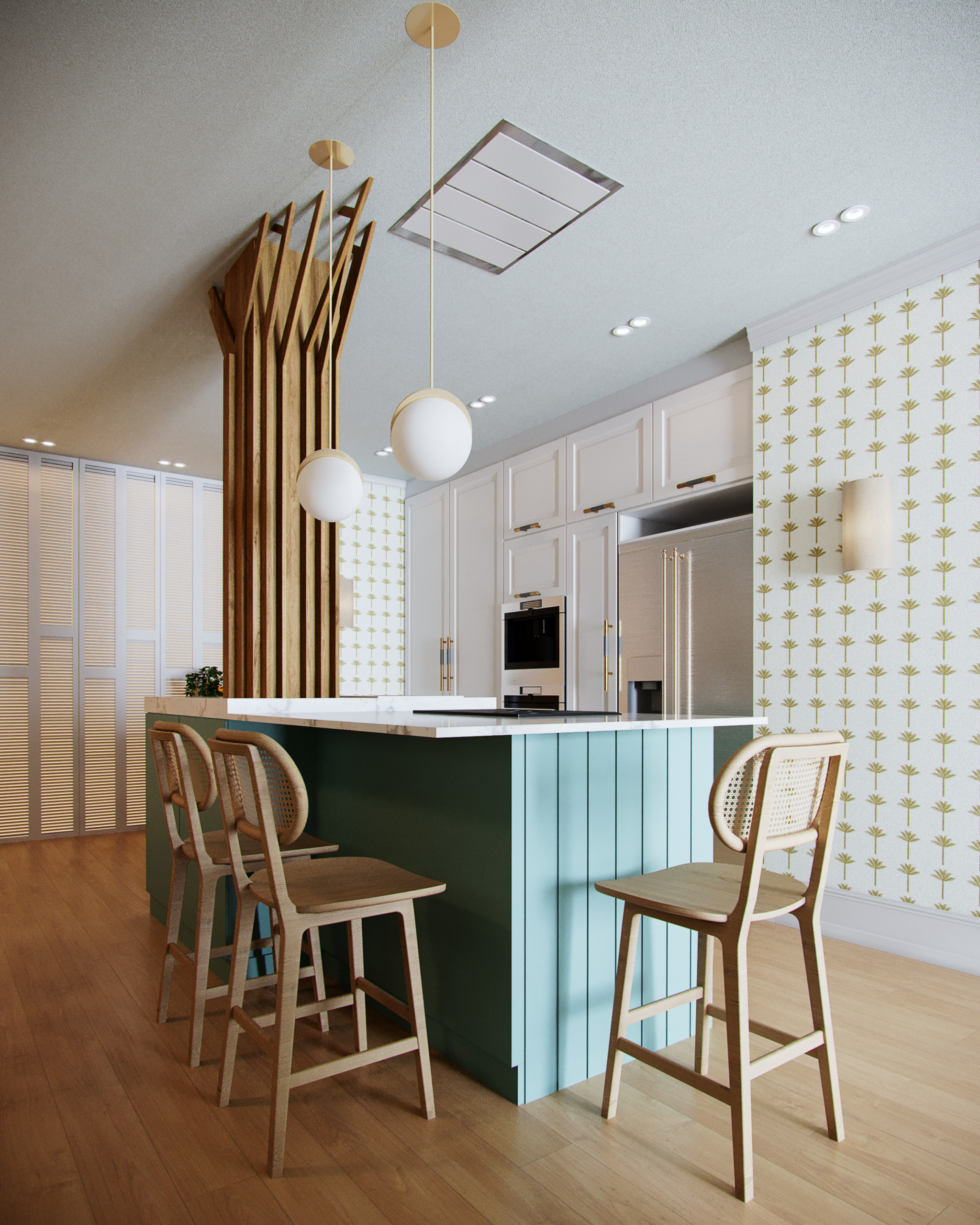 До и после: Кухня с деревом посреди острова