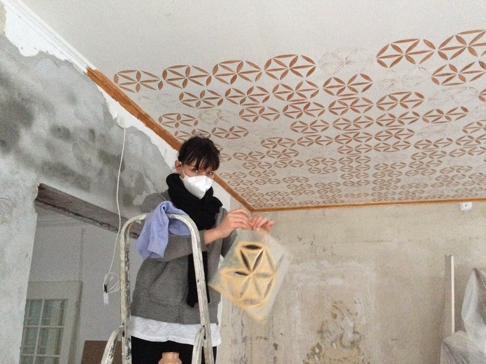 Houzz Дания: Квартира в темных тонах с золотым узором на потолке