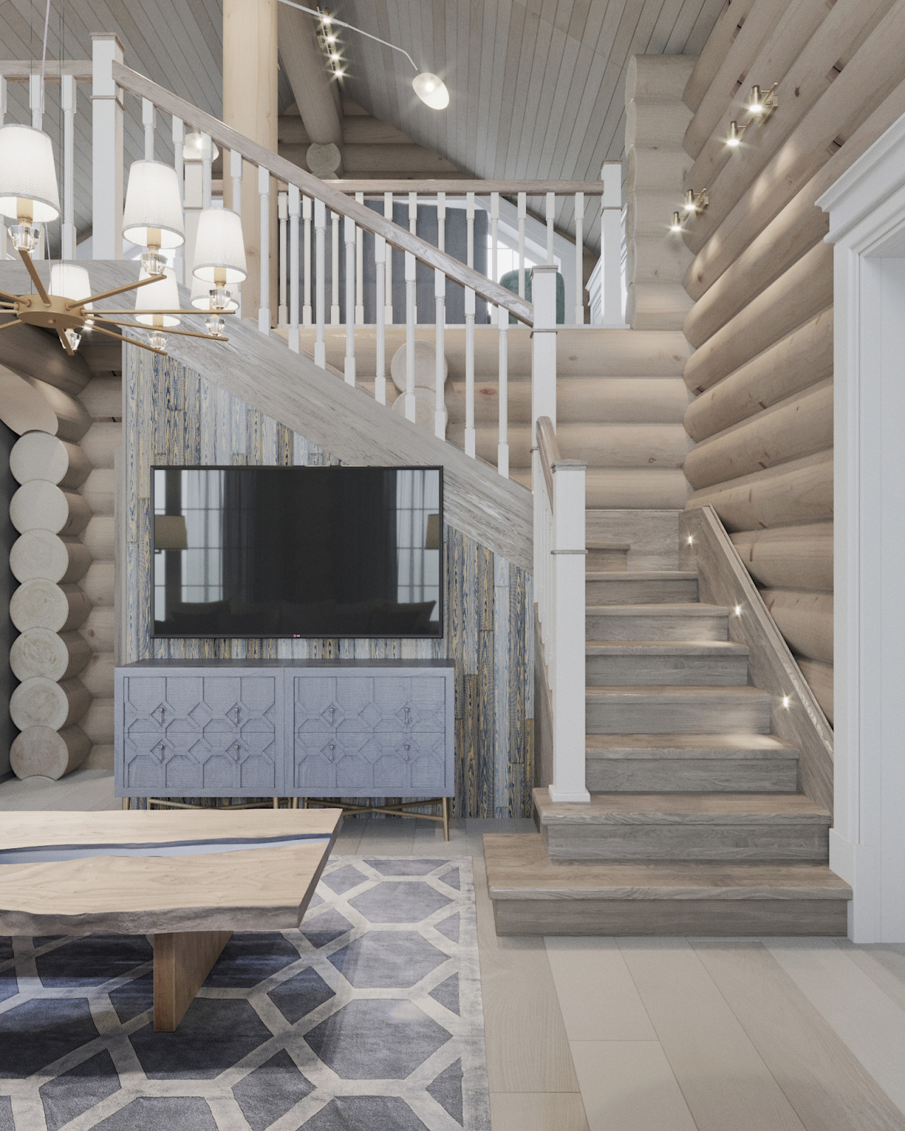 Проект интерьера загородного бревенчатого дома в стиле неоклассика