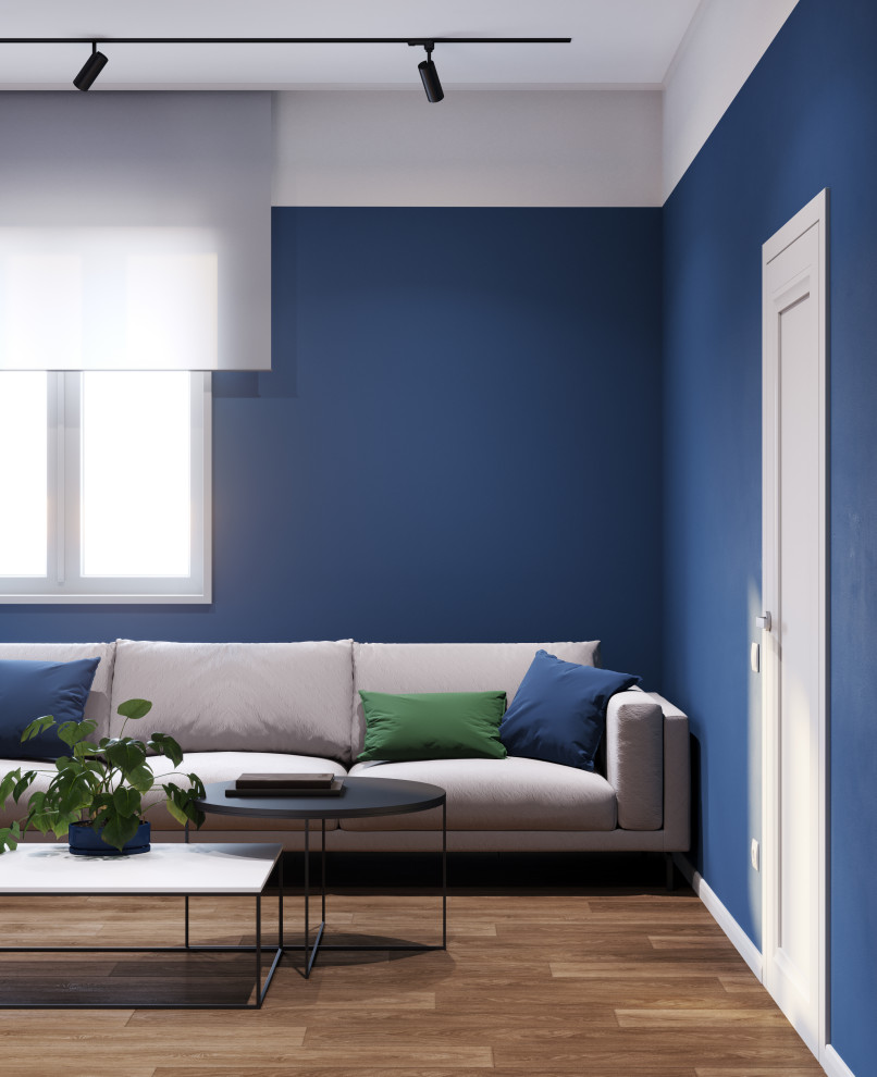 Дизайн интерьера гостиной в квартире в стиле авангард в синем цвете