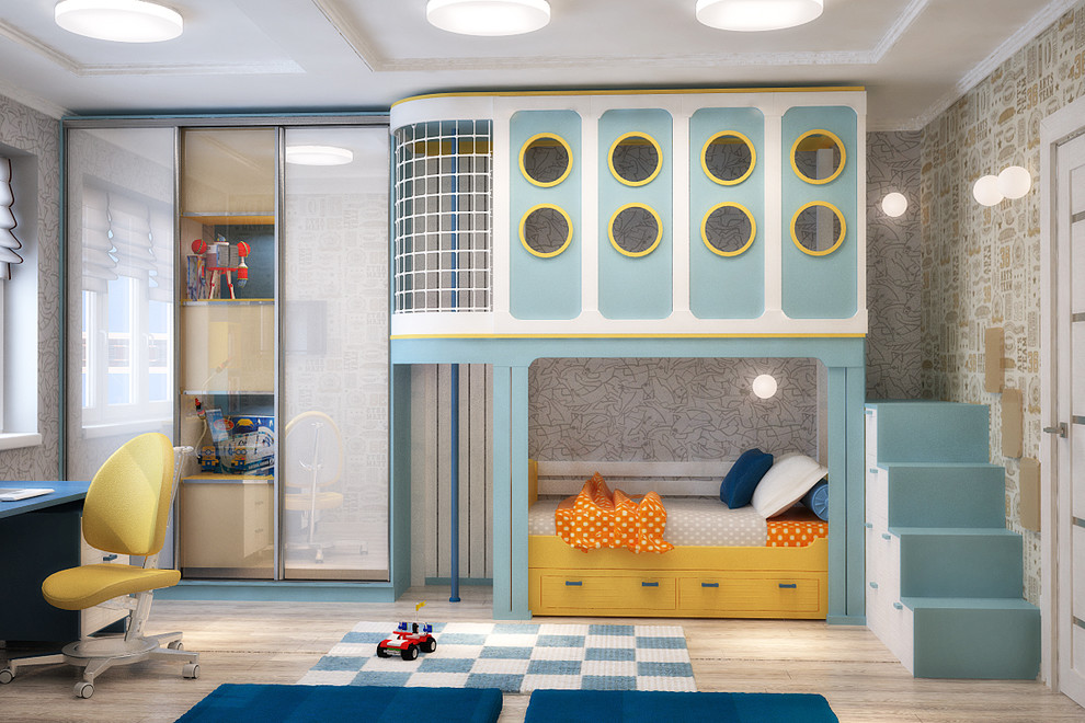 Sportive kids room for 2 children in blue and red - 3D vizualization