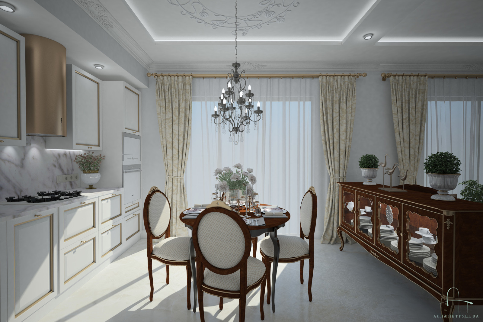Проект Гостиной-столовой-кухни с французским оттенком.