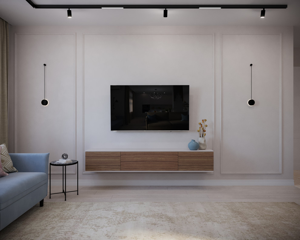 Визуализация гостиной с зоной кухни в московской квартире