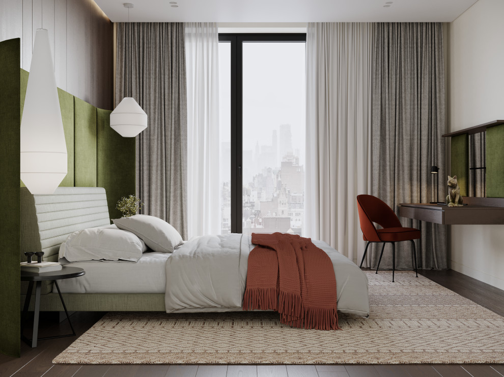 Визуализация интерьера спальни с зелеными акцентами