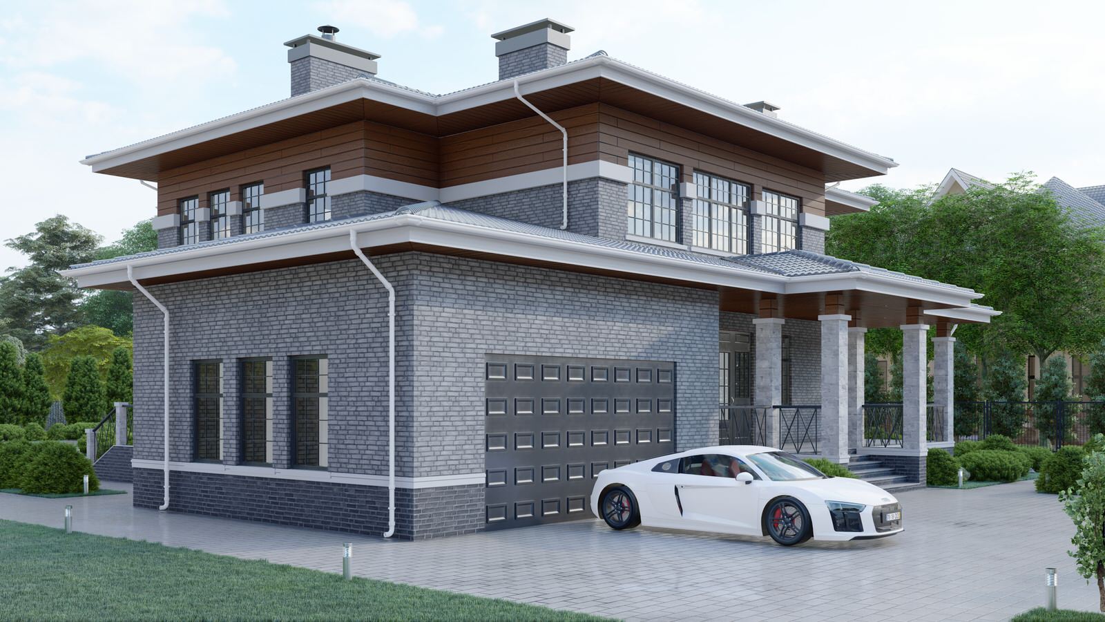 Дизайн фасадов загородного дома в Миллениум Парке в стиле Райта