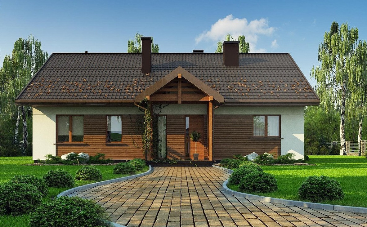 Аккуратный одноэтажный дом с деревянной отделкой на фасадах