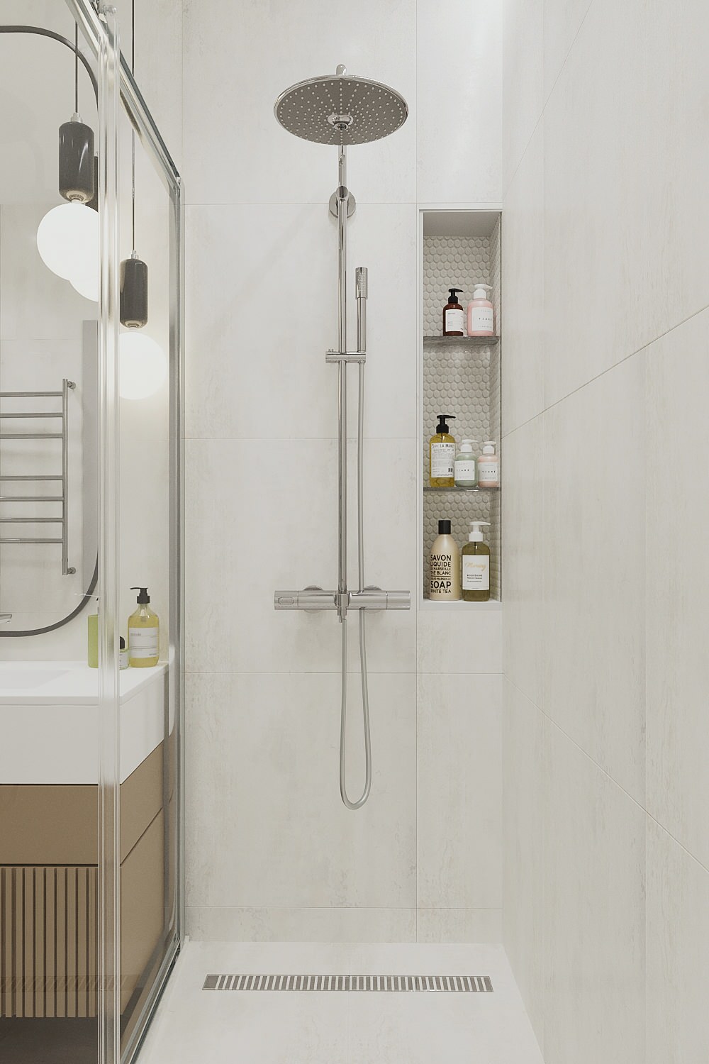 Душевая зона с полками нишами