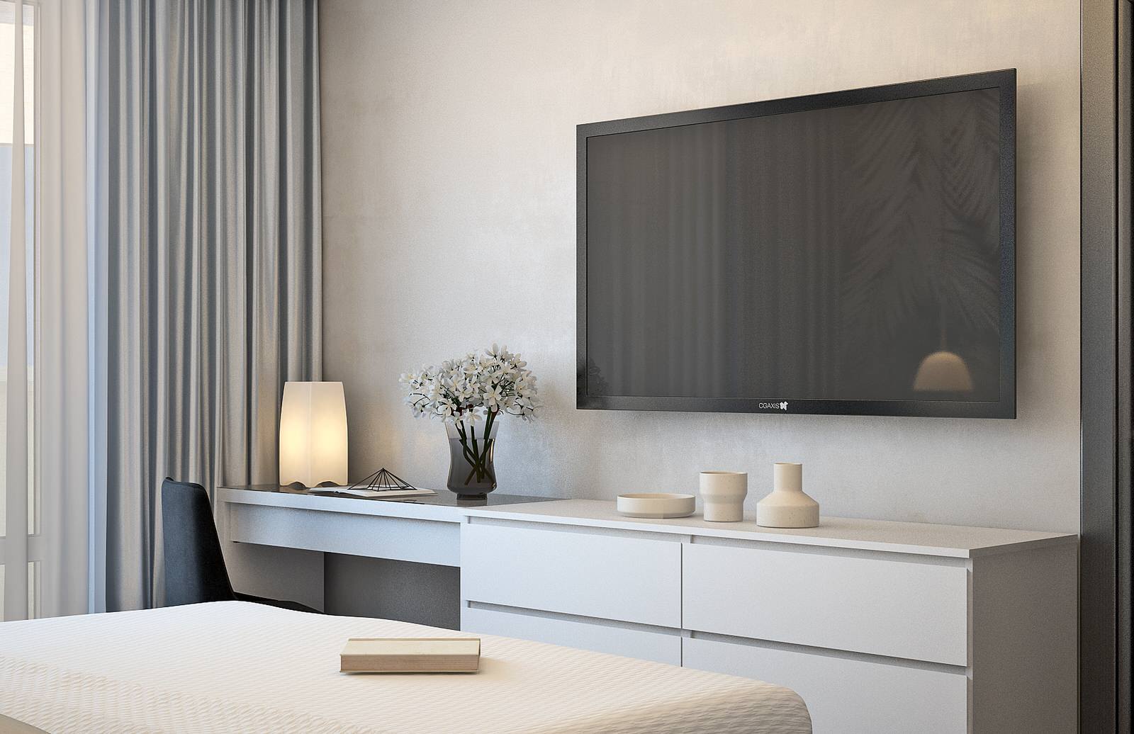 Спальня с рабочим местом для ноутбука.