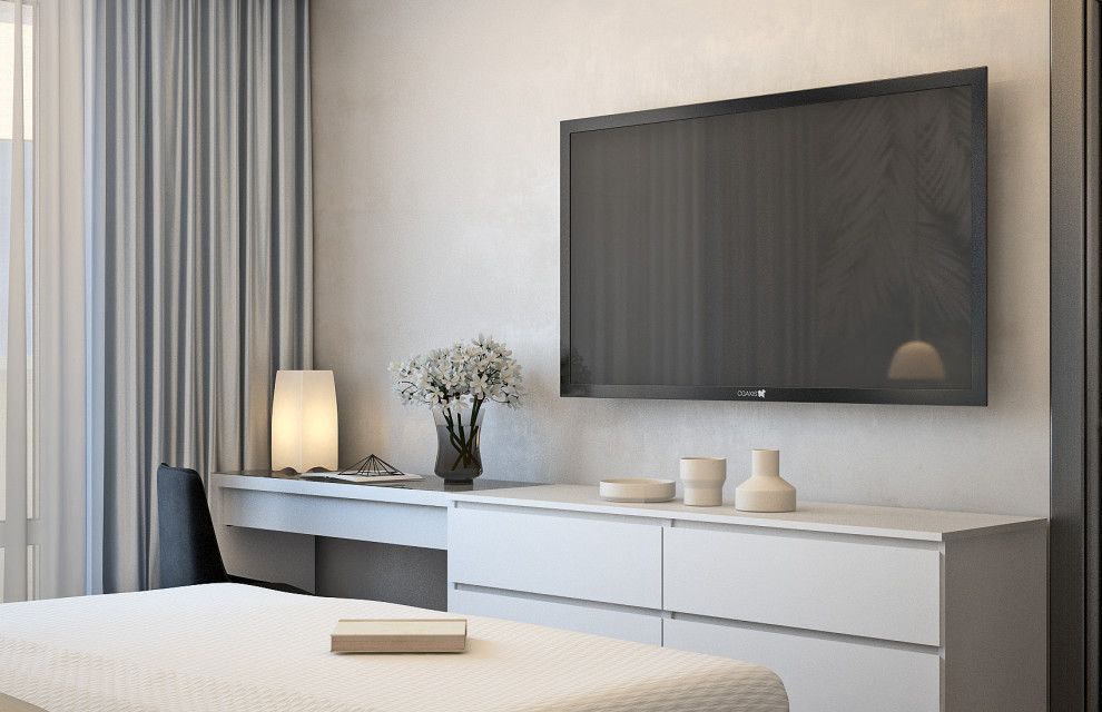 Спальня с рабочим местом для ноутбука.