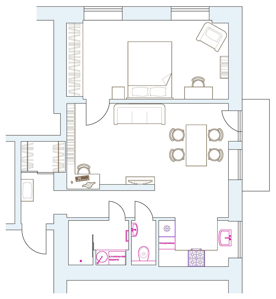 Houzz тур: Микки Маус и синие карнизы в «двушке» для пары