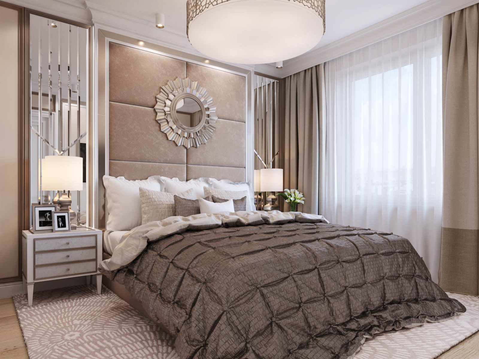 Спальня с гардеробной комнатой. Современная классика с элементами ар-деко