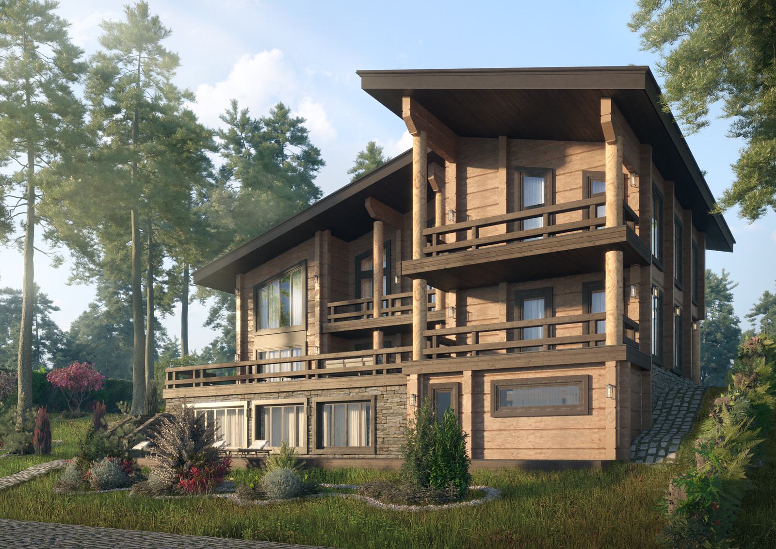 Шале со спа-зоной и бассейном из лафета кедра и бетона