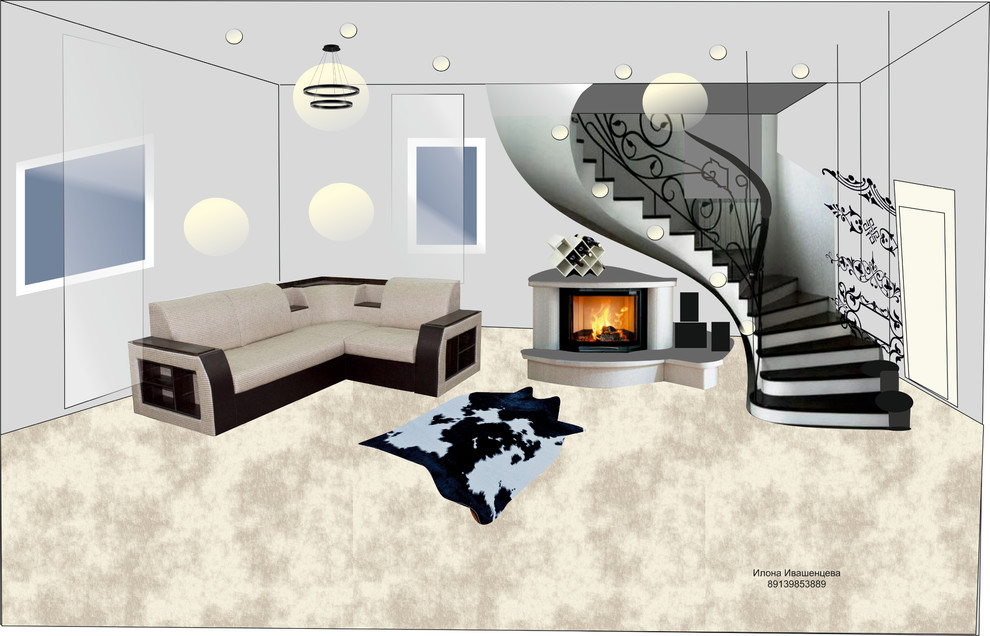 Обложка проекта: Дизайн гостиной в частном доме с лестницей
