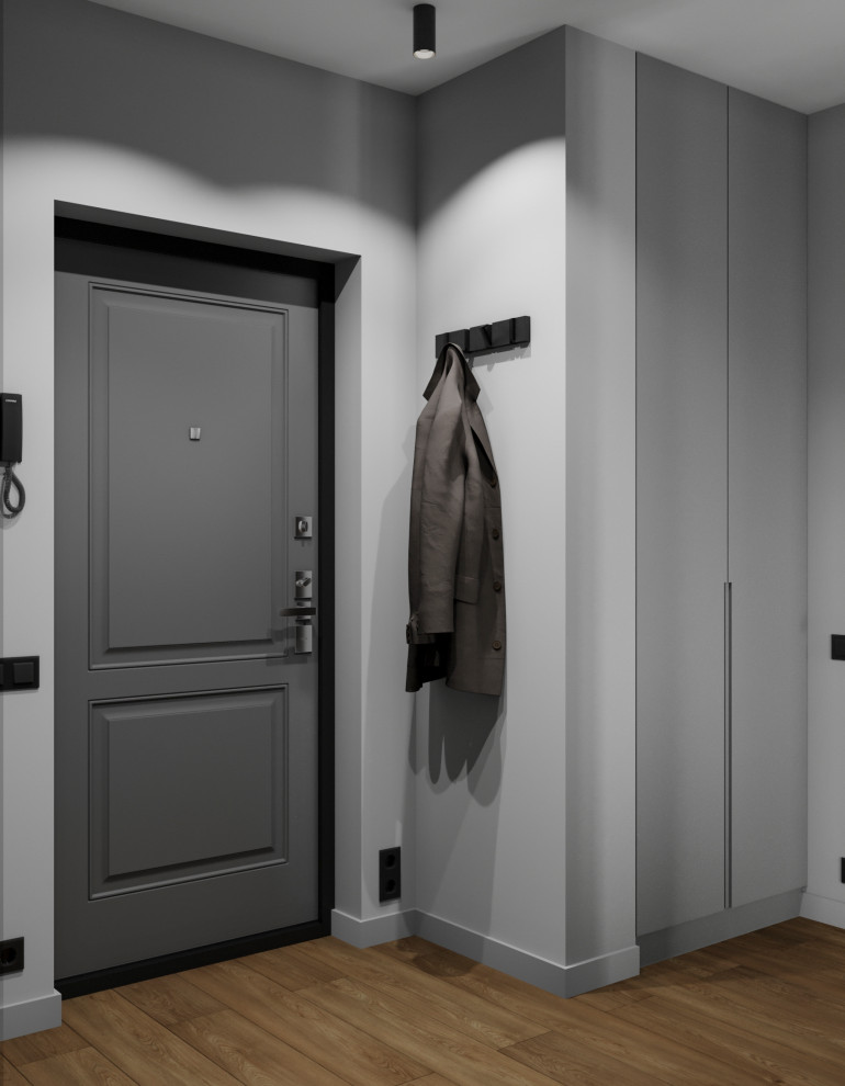 Обложка проекта: Тёмная студия с металлической перегородкой и чёрным холодильником. Проект